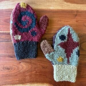 Handmade Wool Knit Mittens Star Spiral Pattern Neutral Cottagecore Cozy Gift O/S
